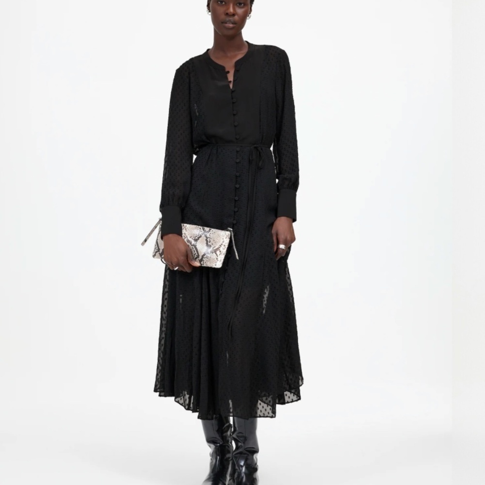 Madewell Tie-Waist Midi Dress in Clip Dot True Black Size Small